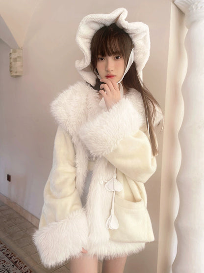 Plush Splicing Loose Hooded Jacket Coat