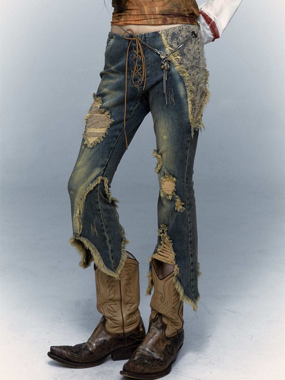 Patchwork Lace Ripped Washed Distressed Cropped Flared Denim Pants