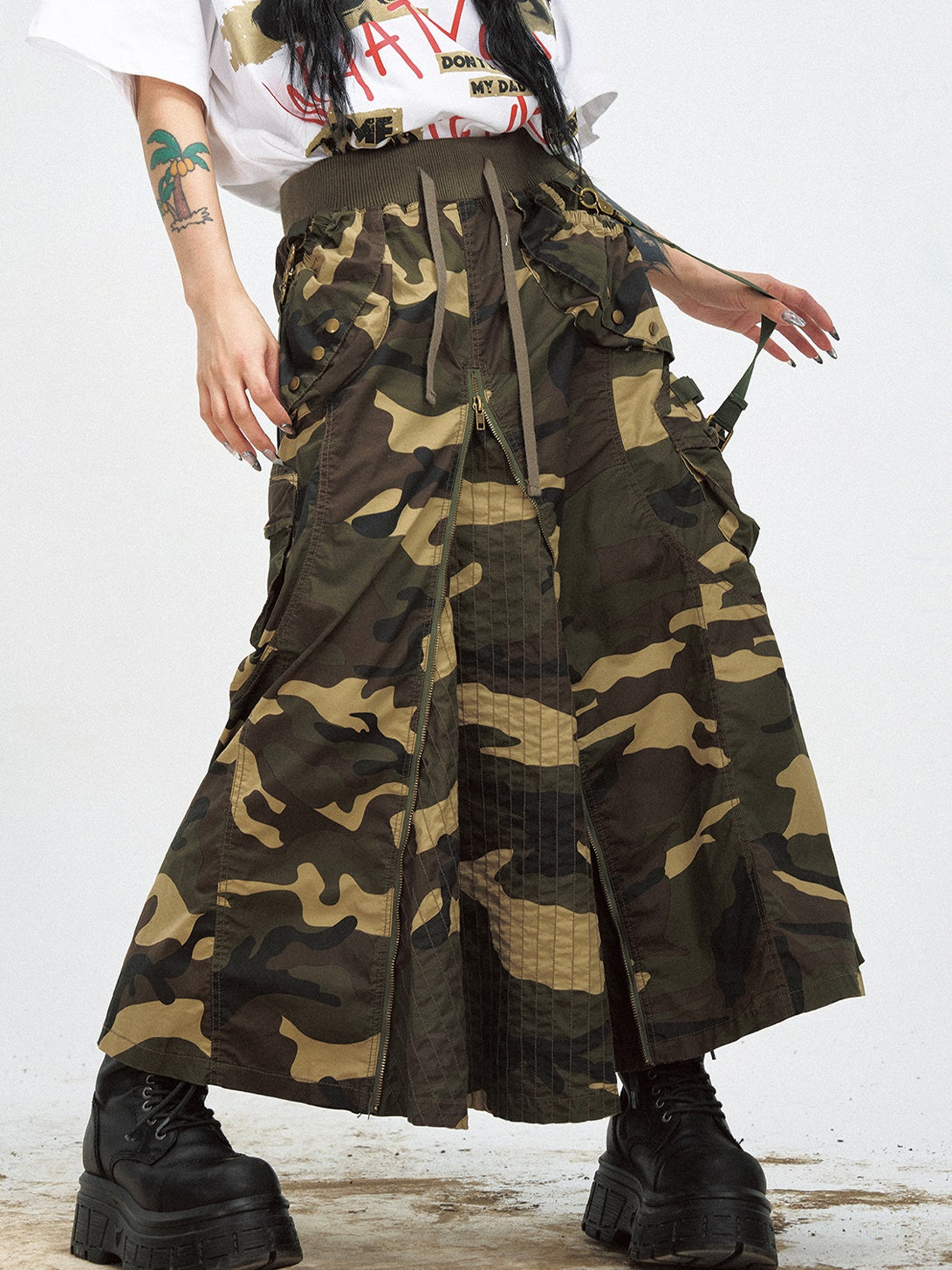 Camouflage Zipper Slit Work Maxi Skirt