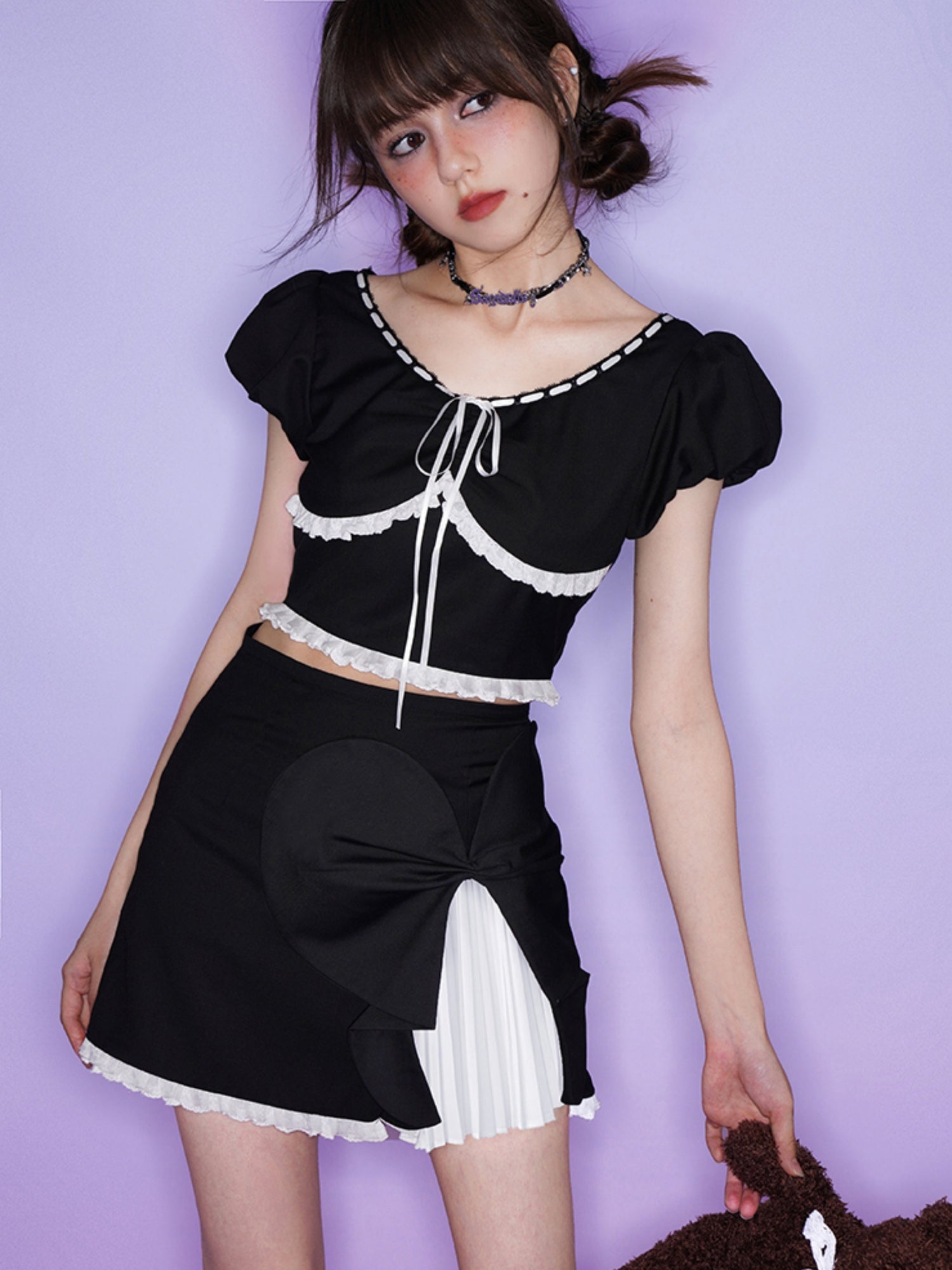 Romantic Puff Sleeve Top &amp; Asymmetry Layered Short Skirt