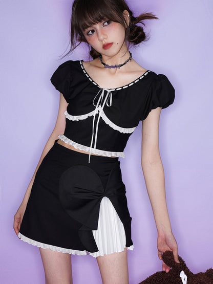 Romantic Puff Sleeve Top ＆ Asymmetry Layered Short Skirt