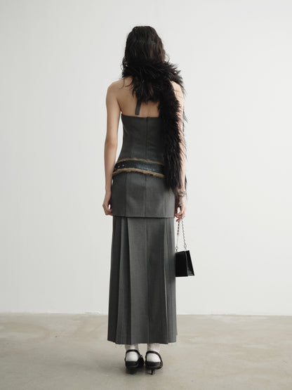 Fur Splicing Belt Low Waist Halter Neck Pleated Slit Dress