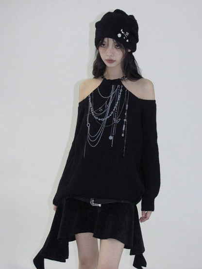 Halter Chain Design Cut-Shoulder Sweater