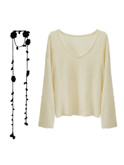 Camellia Crocheted Lariat With V-neck Sweater ＆ Skirt