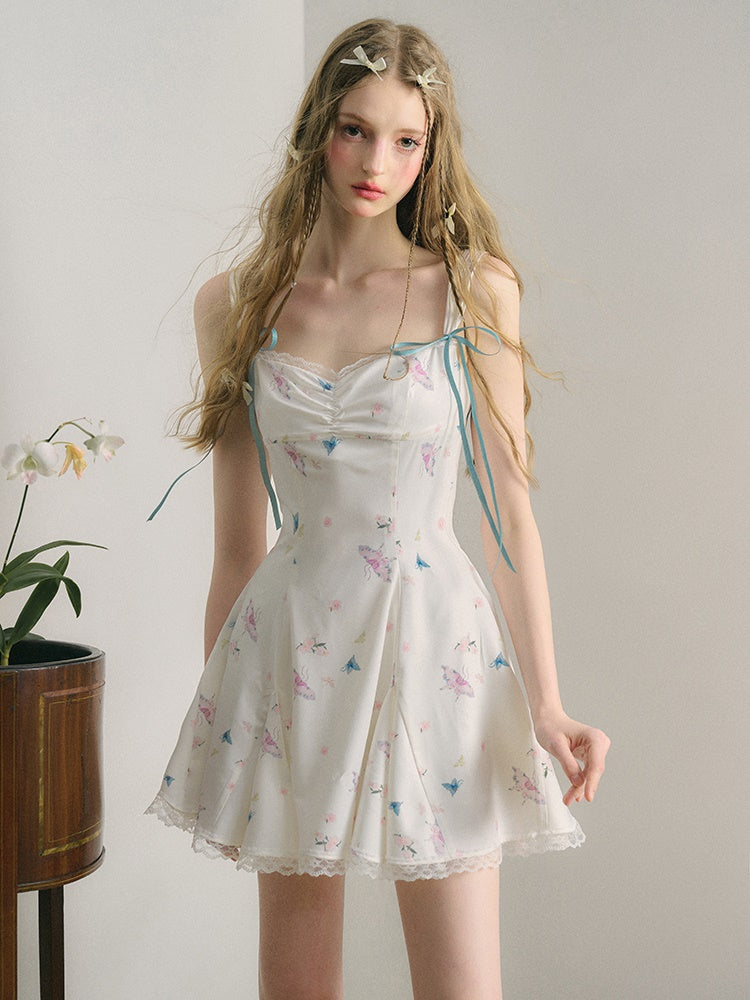 Lace Suspender Butterfly Print One-piece