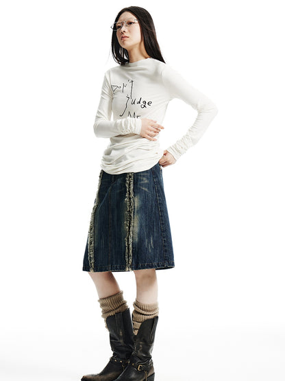 Distressed Washed Denim A-line Mid-length Skirt