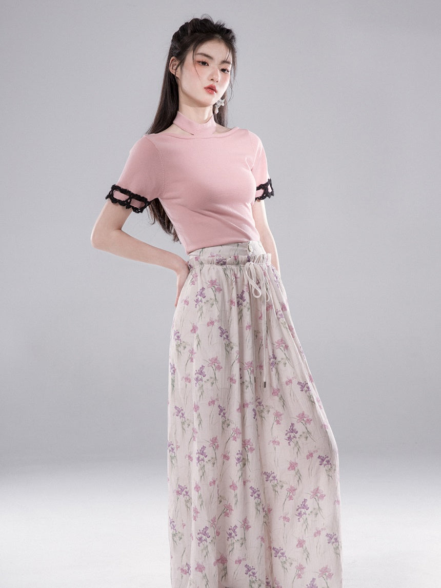 Flower Drawstring Printed Wide-leg Pants