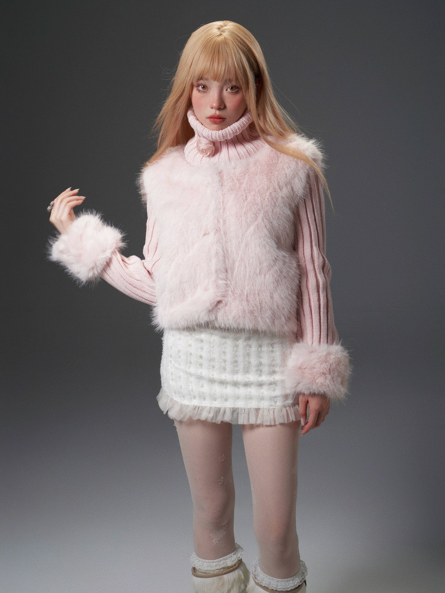 Knitted Neck &amp; Sleeve Splicing Detachable Fur Jacket