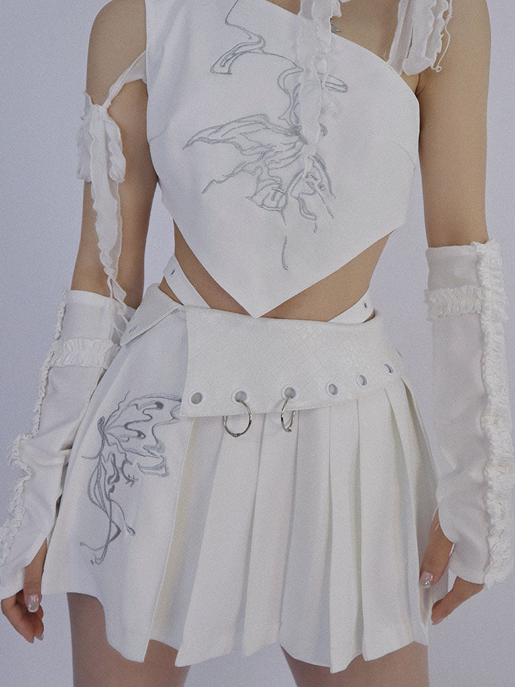 Pleats Embroidery Ring Flap Mini Flare Short-Skirt