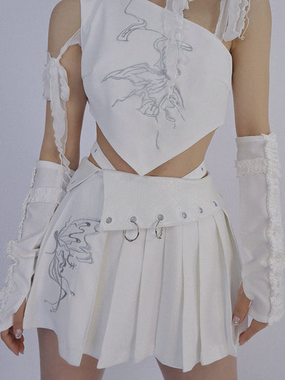 PLEATS EMBROIDERY RING FLAP Mini Flare Short-Skirt