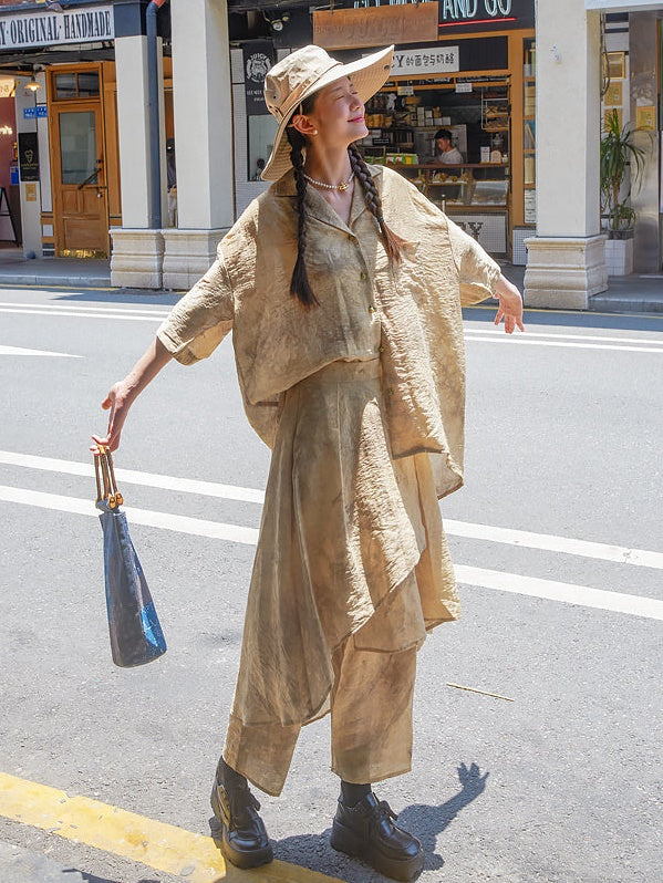 Jacquard Retro Loose Short-sleeved Shirt ＆ Skirt Pants