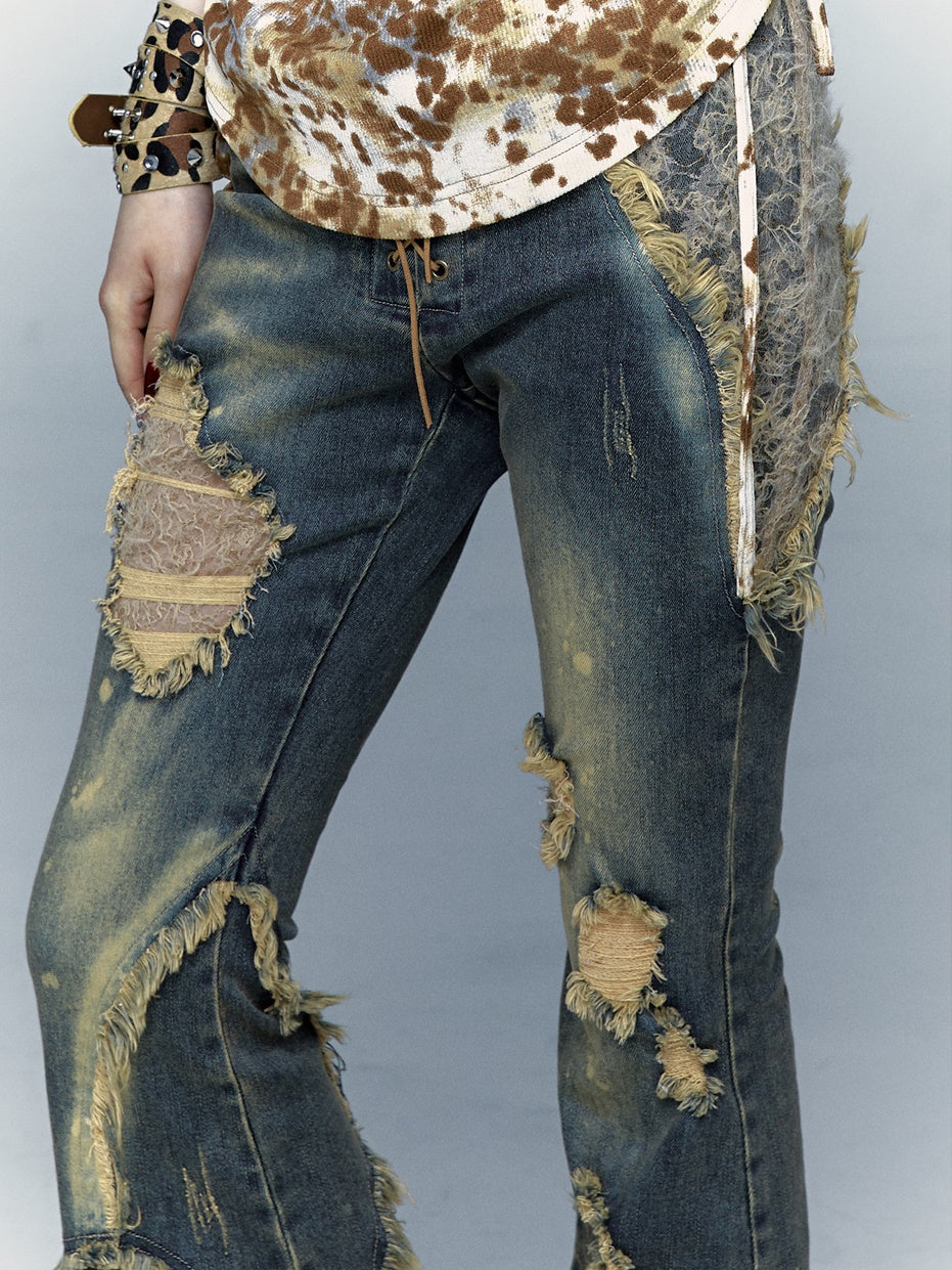 Patchwork Lace Ripped Washed Distressed Cropped Flared Denim Pants