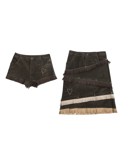 Fake Suede Removable Shorts Tassel Skirt