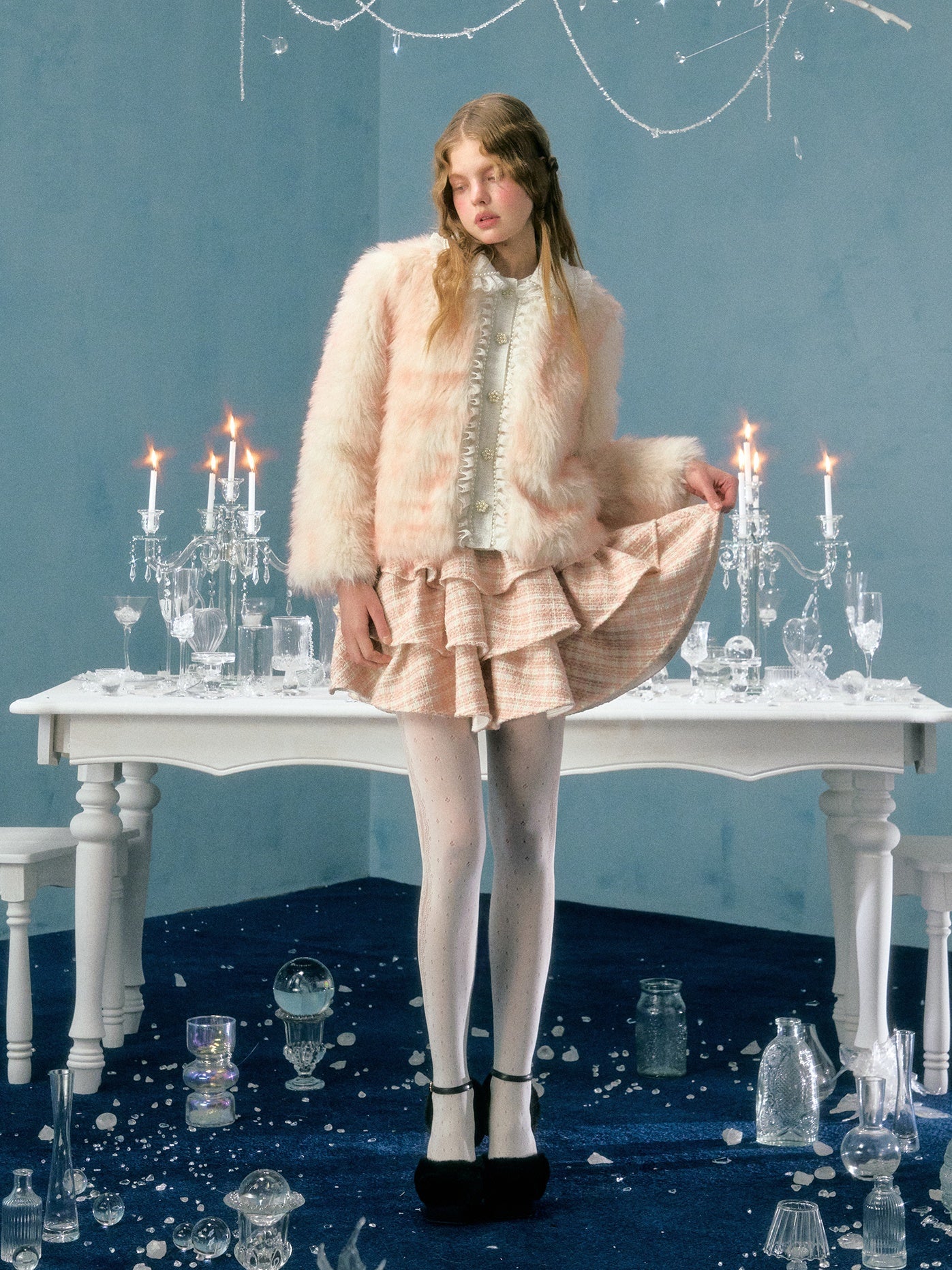 Smudged Pearl Lace Short Imitation Fur Coat