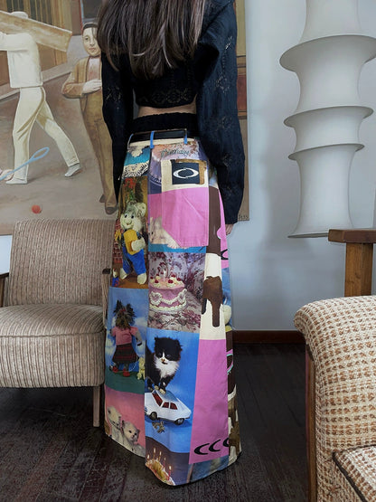 Cute Cat Cake Birthday Print Casual Long Skirt