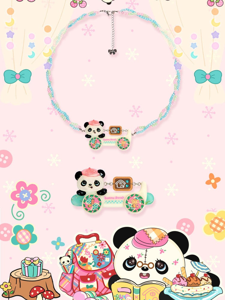 Retro Cartoon Panda Car Resin Halskette &amp; Haarclip