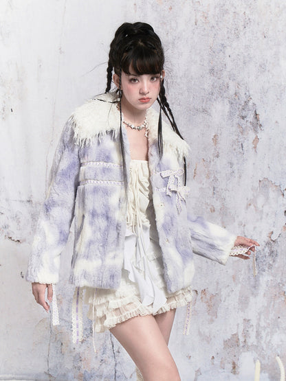 Ribbon Tie-dye Stitching Fur Jacket