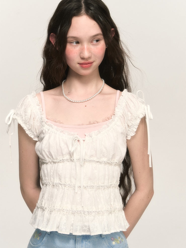 Sweet Hollow Fungus Lace Short-sleeved Shirt