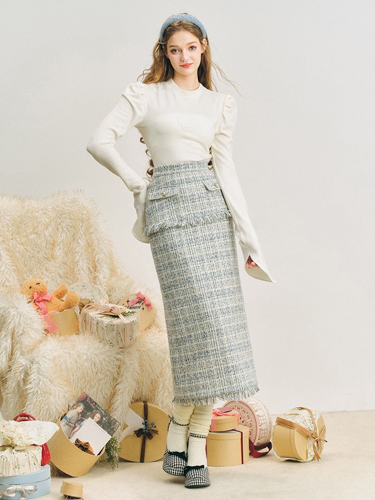 Loose Silhouette Tweed No-Collar Jacket ＆ Mid-Length Skirt