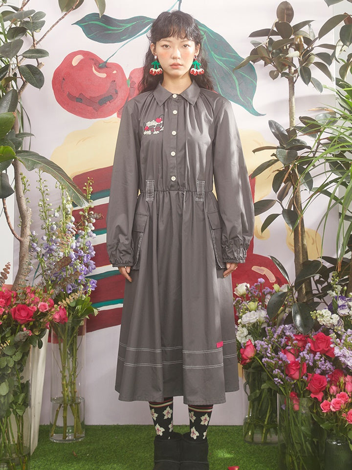 Cherry Cream Cake Embroidered Mid-length Shirt Dress