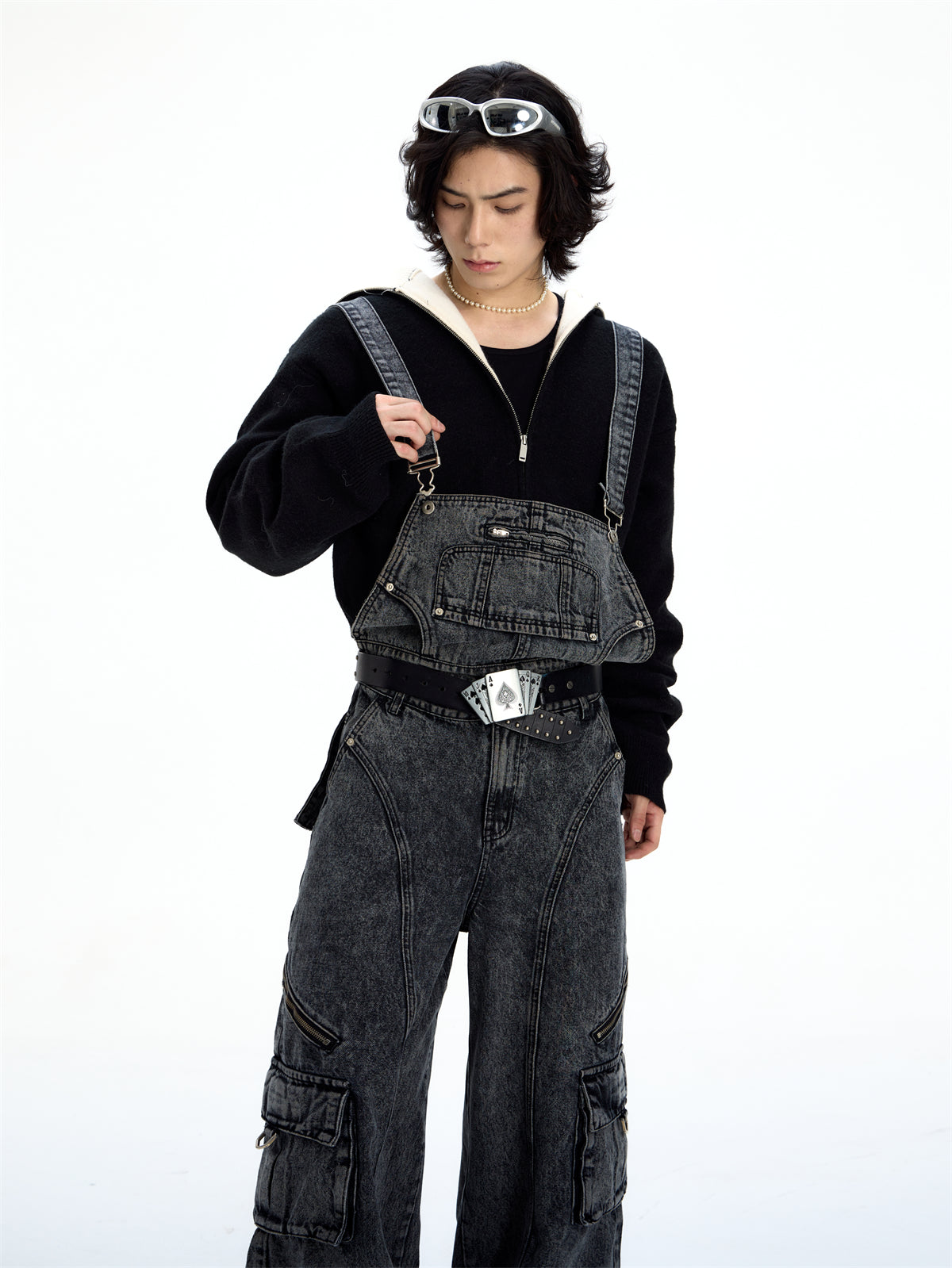 Retro Suspender Design Stitching Denim Pants