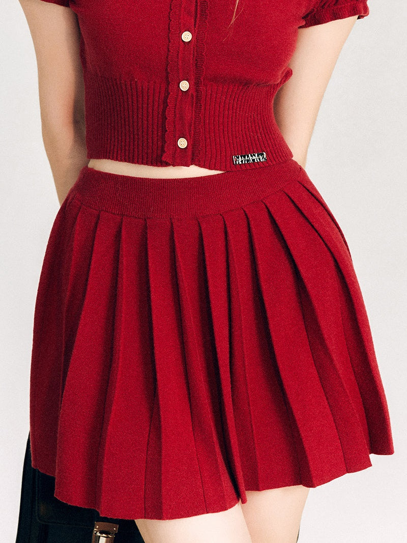 Puff Sleeve Knitted Sweater &amp; Pleated Mini Skirt