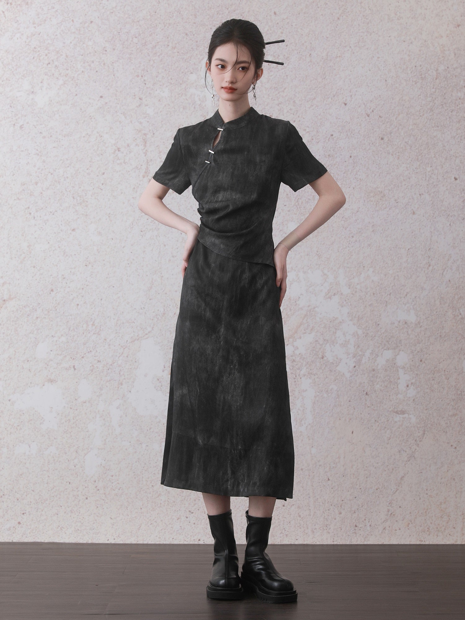 Chinese Style Gradation Wrinkled Short Sleeve Dress