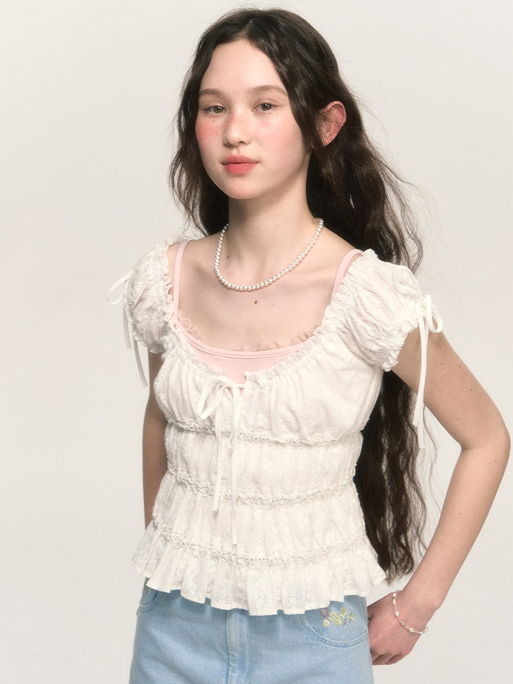 Sweet Hollow Fungus Lace Short-sleeved Shirt