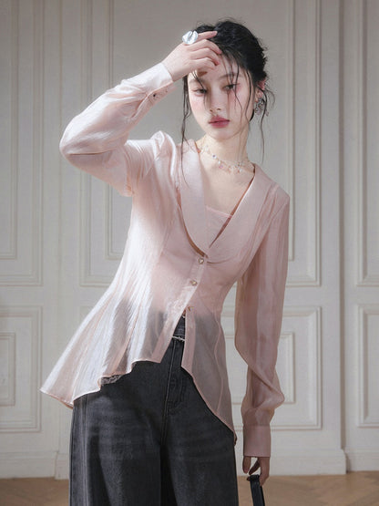 U-neck Shawl Collar Transparent Fishtail Shirt With Camisole