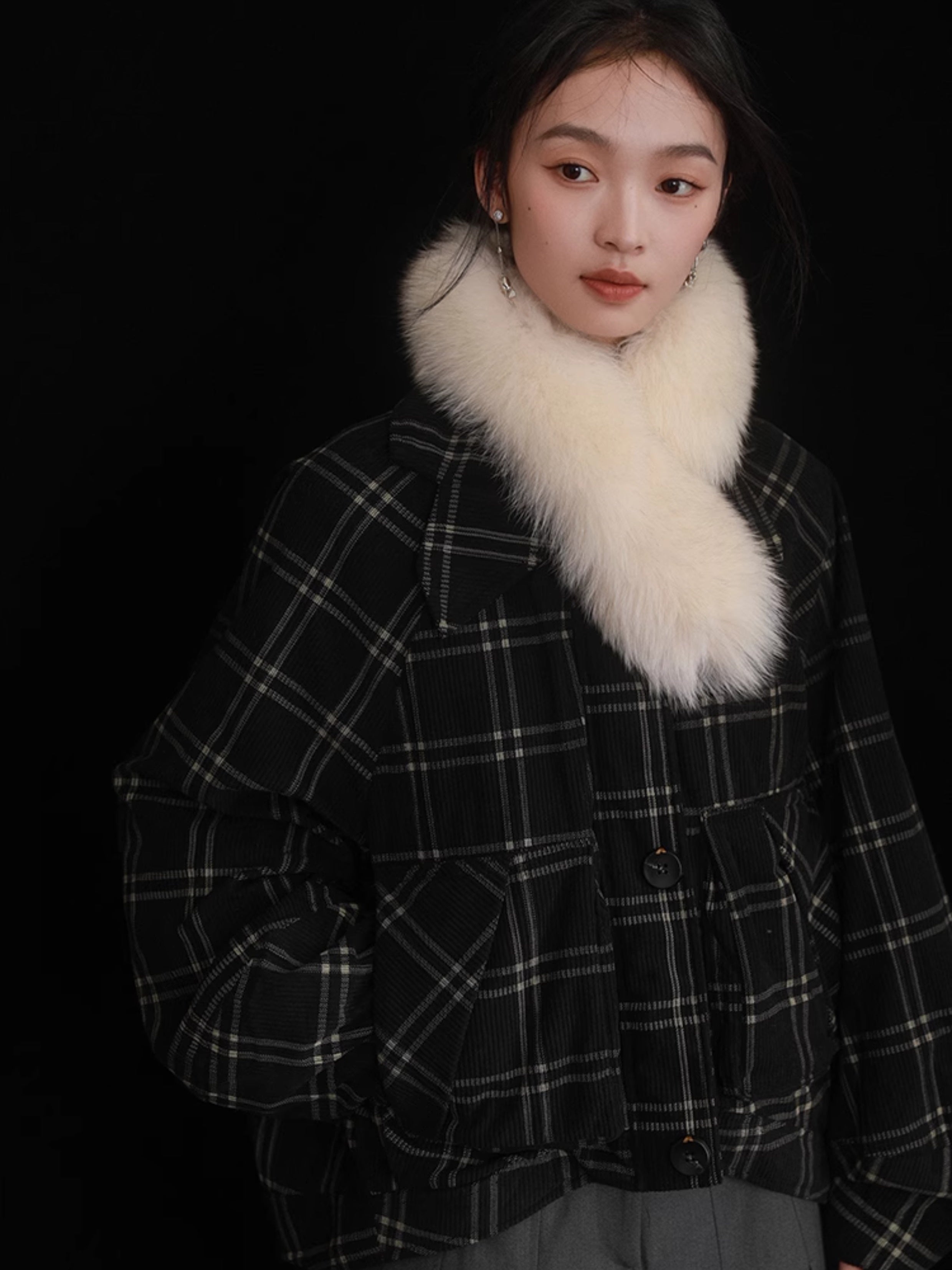 Fur Collar Detachable Design Plaid Corduroy Down Jacket