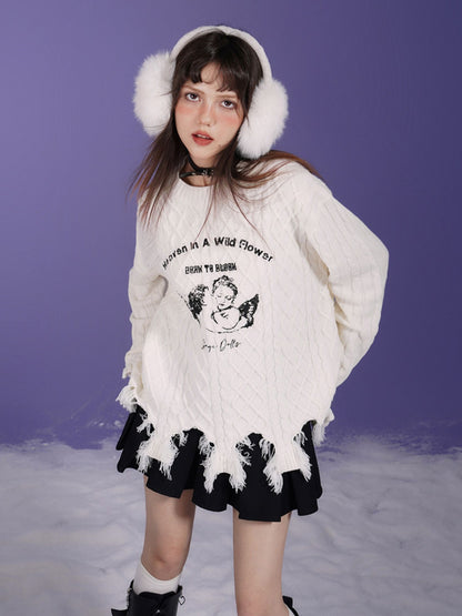 Angel Print Hole Pullover Sweater