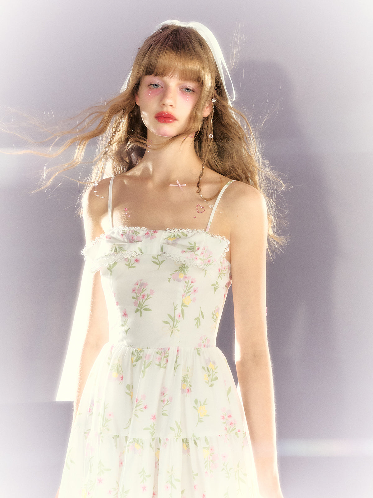 Floral Lace Bow Suspender Tiered Dress