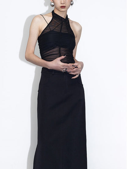 Detachable Asymmetric Sling Tube Top &amp; Gauze Pleated Tank Top Set