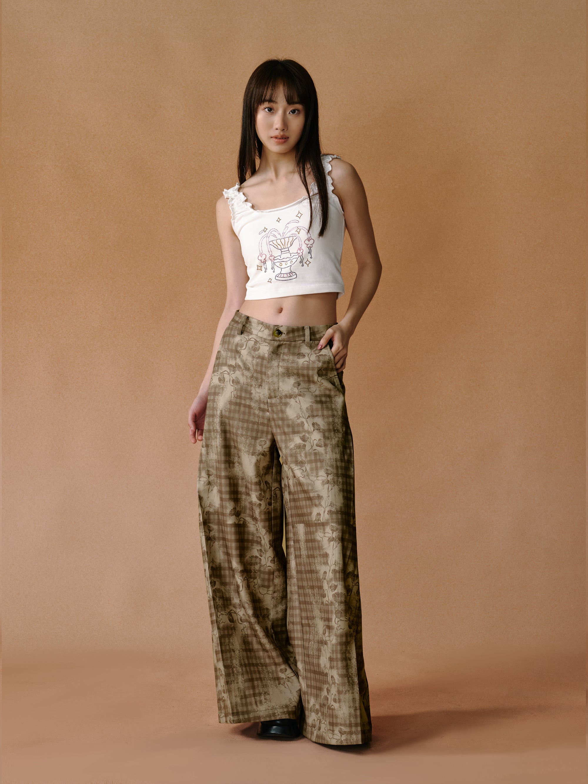 Retro Hand-painted Smudged Plaid Wide-leg Pants