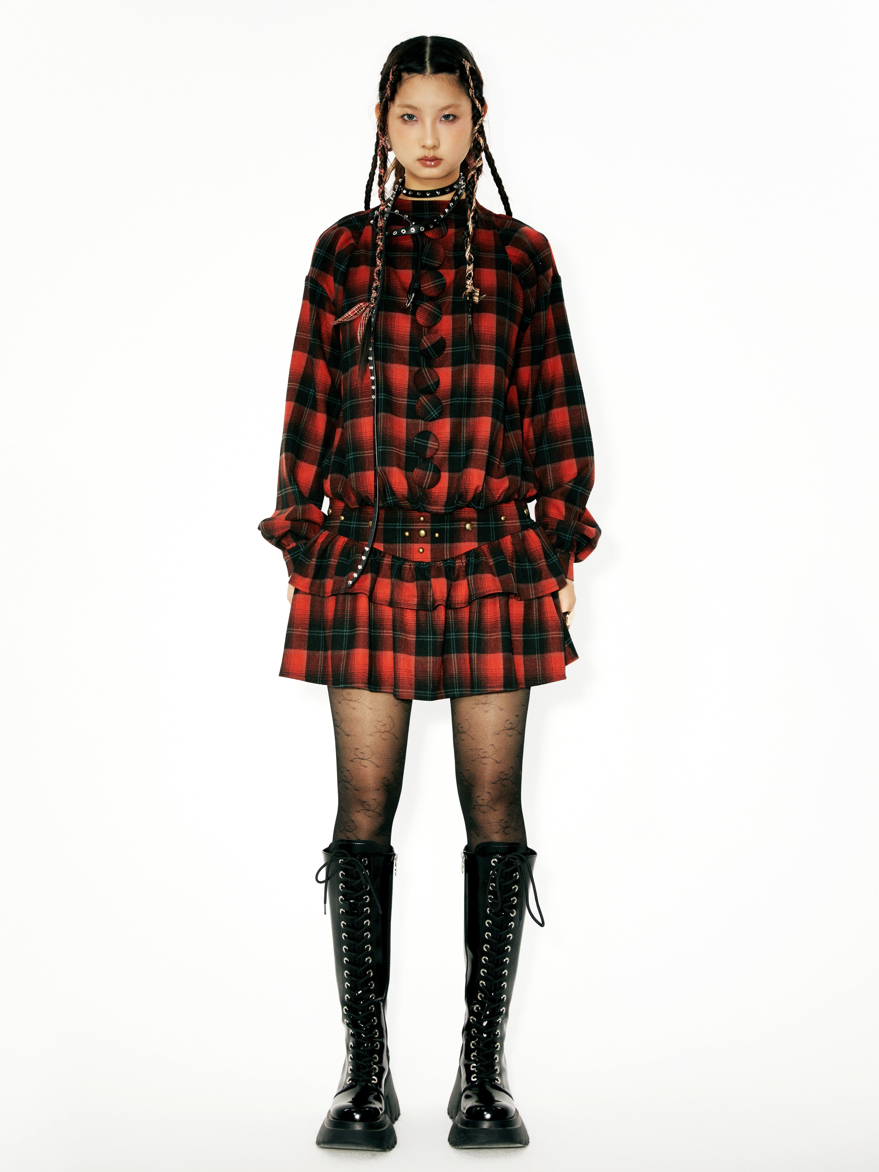 Plaid Big Button Low-Waist Switching Cake Dress