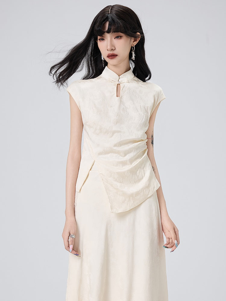 Chinese Style Jacquard French Sleeve Top ＆ Long Skirt