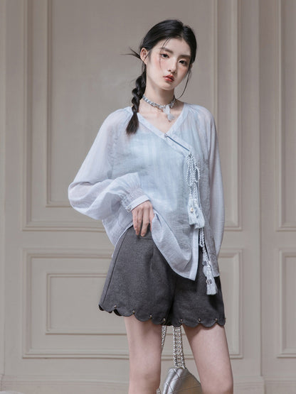 Frill Hem Cut Imitation Denim Short Pants