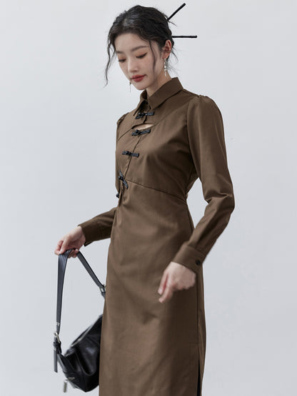 Chinese Style Hollow Mid-length Shirt Dress