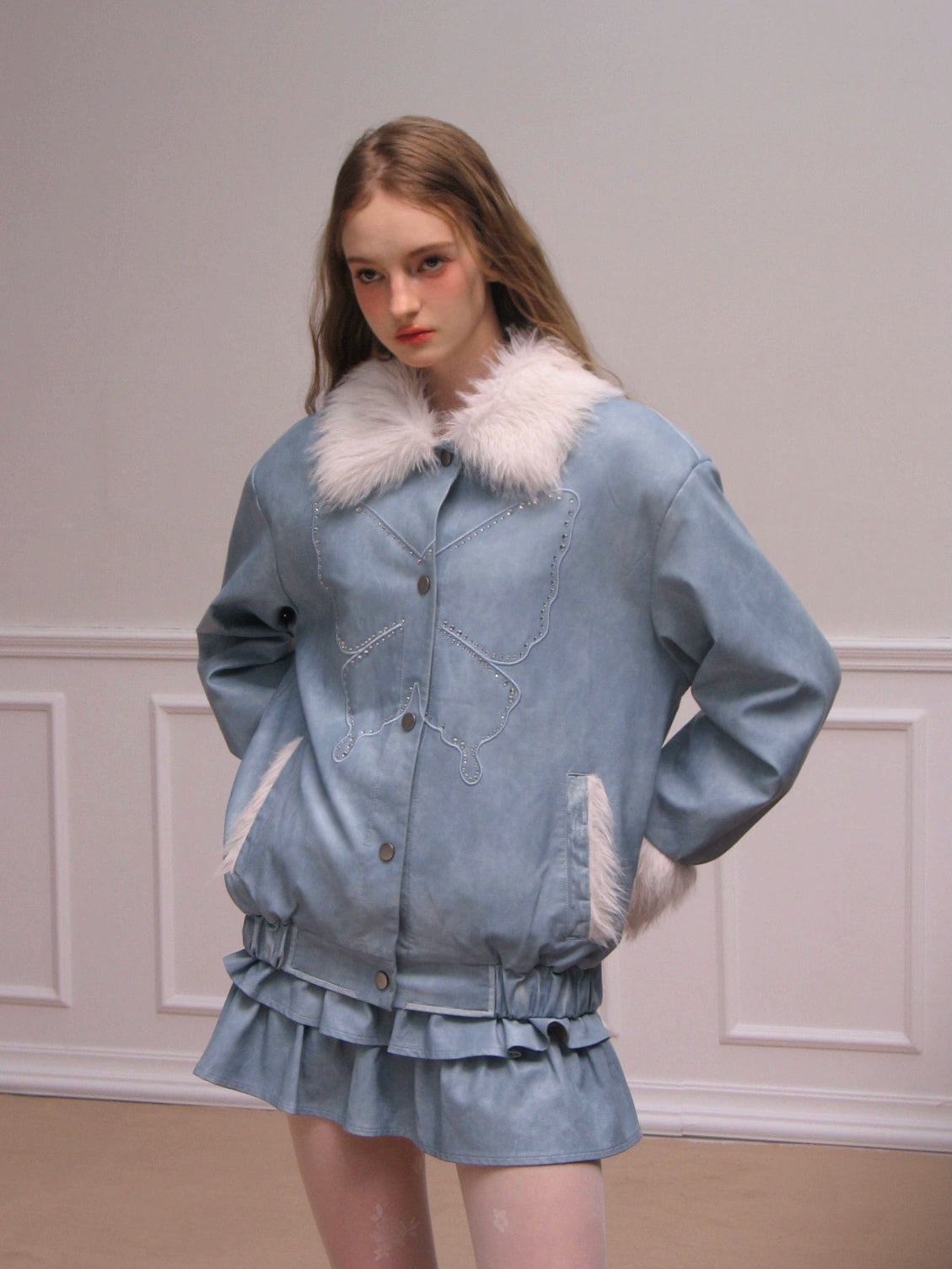 Butterfly Permed Fur Brushed PU Leather Jacket Cake Mini Skirt