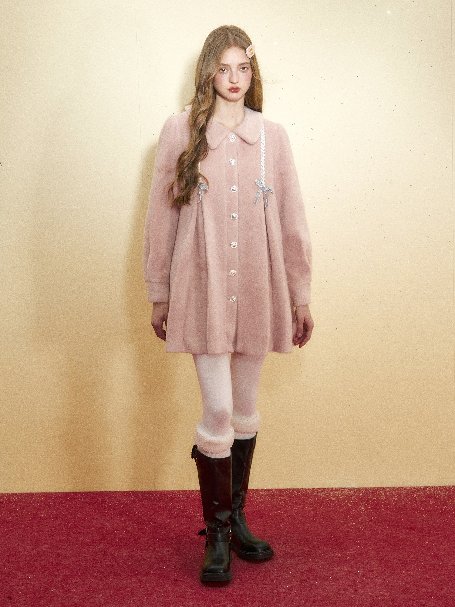 Doll Collar Stitching Bow A-Line Coat