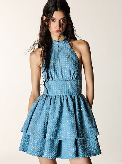 Sequin Embroidered Denim Bow Tiered Dress