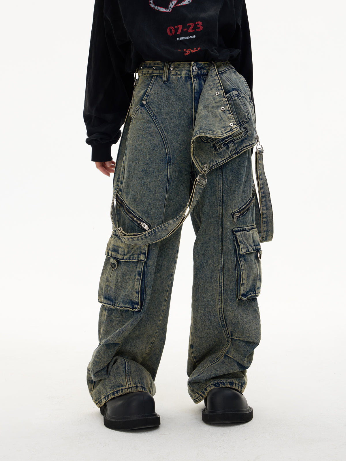 Detachable Distressed Washed Multi-pocket Salopette Pants