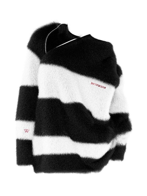 Off-Shouder-Border-Fluffy-Pullover