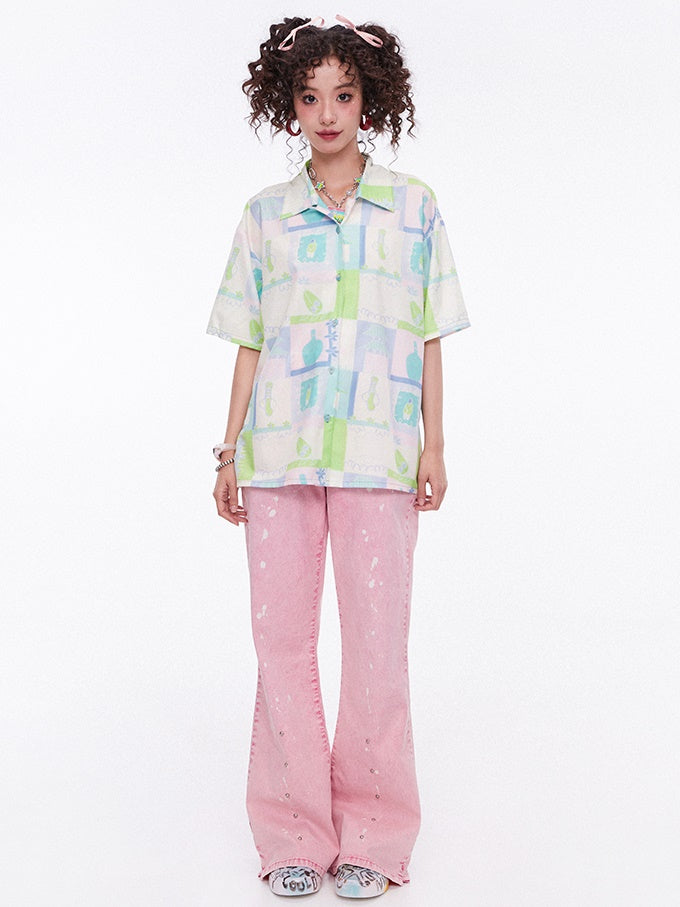 Retro Print Short-Sleeed Shirt