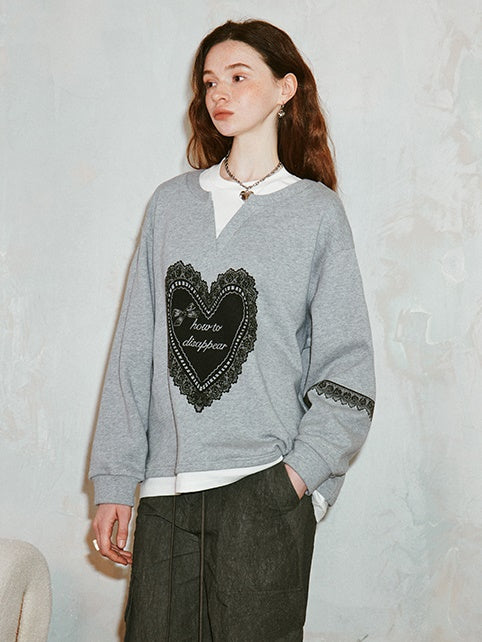 Fake Two-piece Lace Love Print Loose Sweat