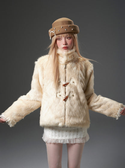 Gradient Lace Spliced Horn Button Detachable Fur Jacket