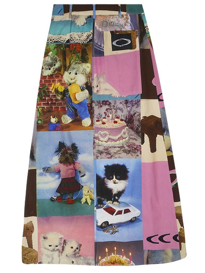 Cute Cat Cake Birthday Print Casual Long Skirt