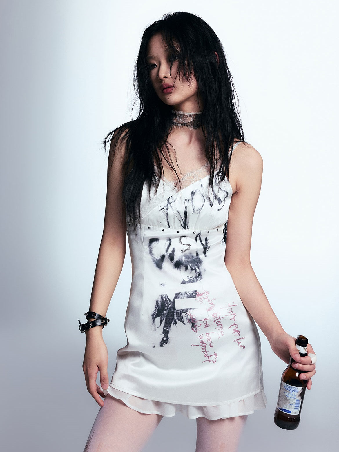 Graffiti Printed Lace Splicing Suspender Dress