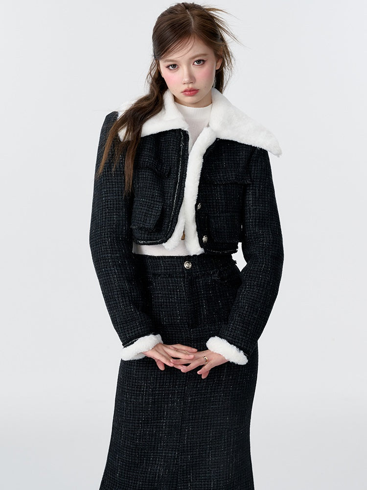 Contrast Color Fur Collar Tweed Padded Jacket &amp; Skirt