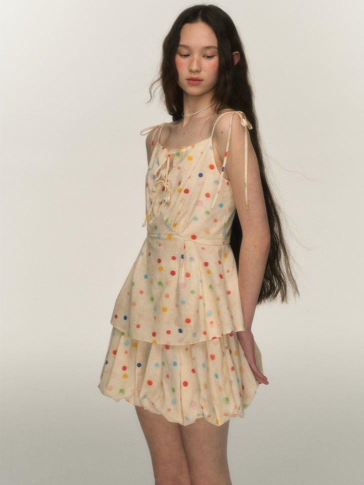 Colorful Polka Dot Print Camisole ＆ Tutu Balloon Skirt